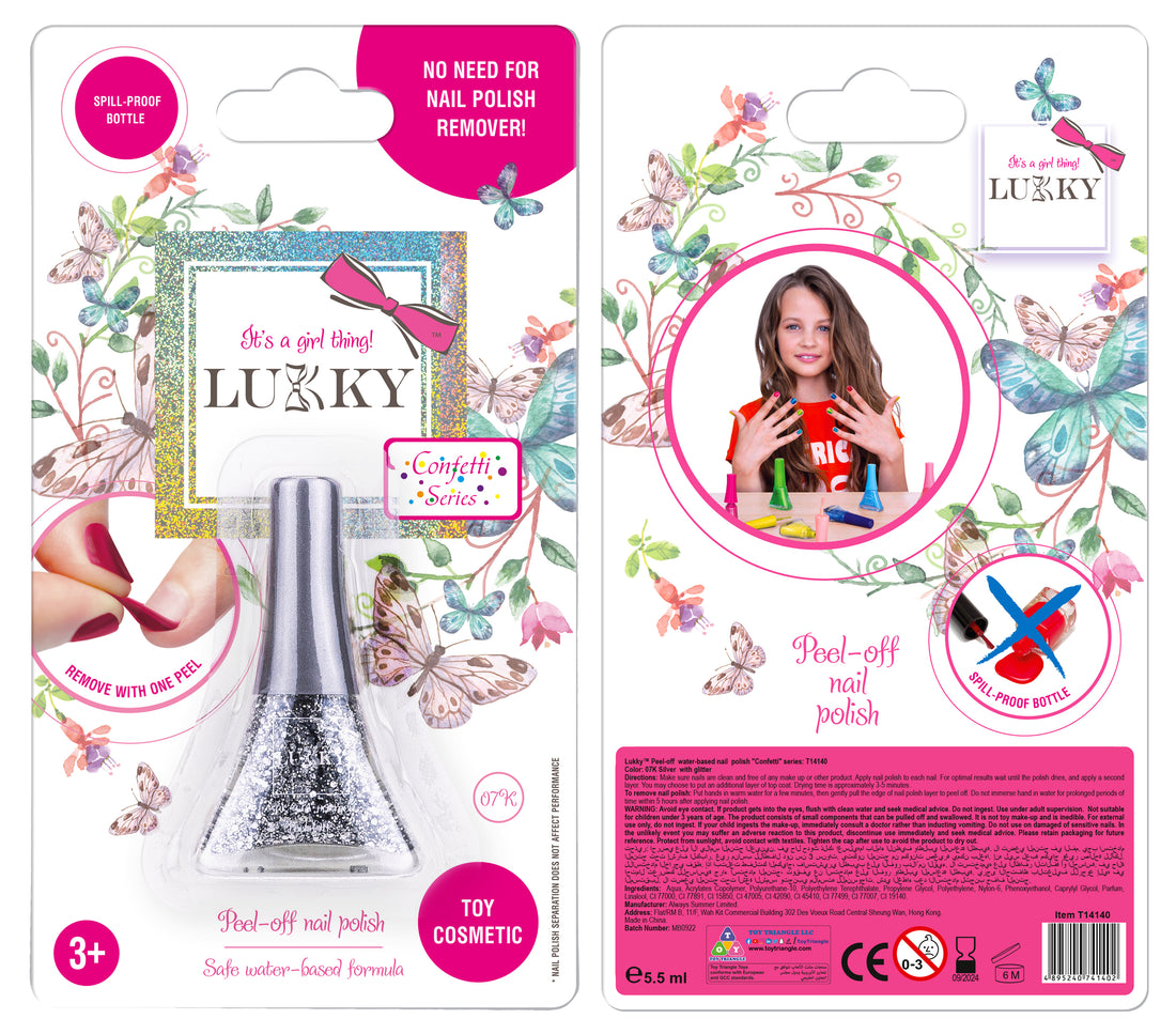 Lukky Peel-Off Nail Polish Confetti w/ Glitter 0.19 Fl.Oz. (Silver-07K)