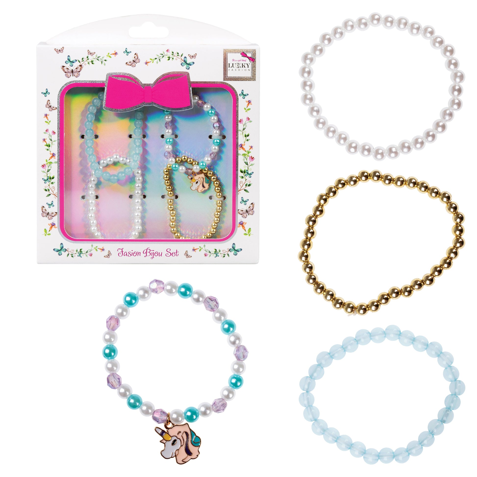 لاكي فاشن مجموعة بيجو (4 أساور خرزية  
 وقطعة تزيين على شكل وحيد القرن)