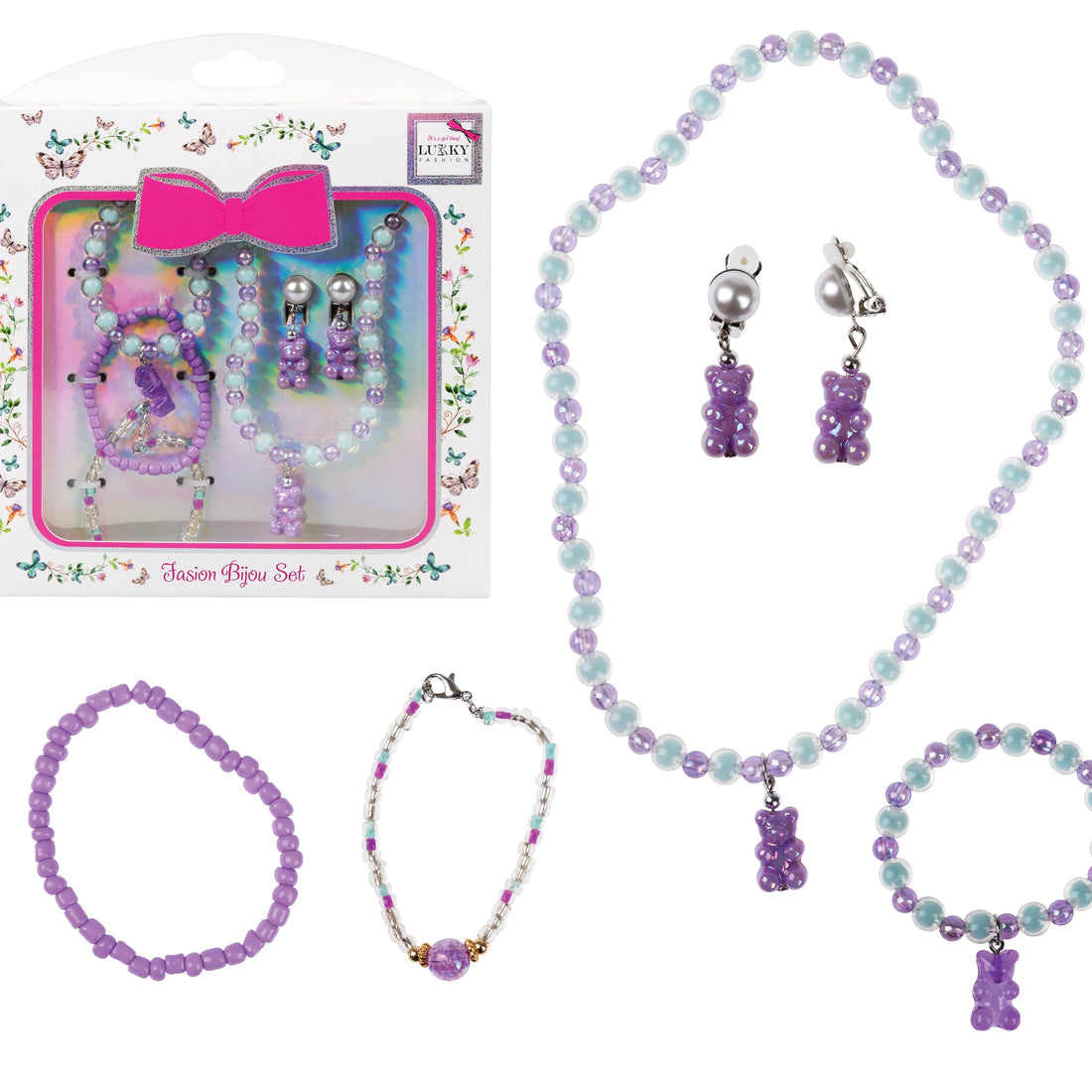 لاكي فاشن مجموعة بيجو (3 أساور/ قلادة مع قطعة تزيين/
 مشبك أذن على شكل دببة.