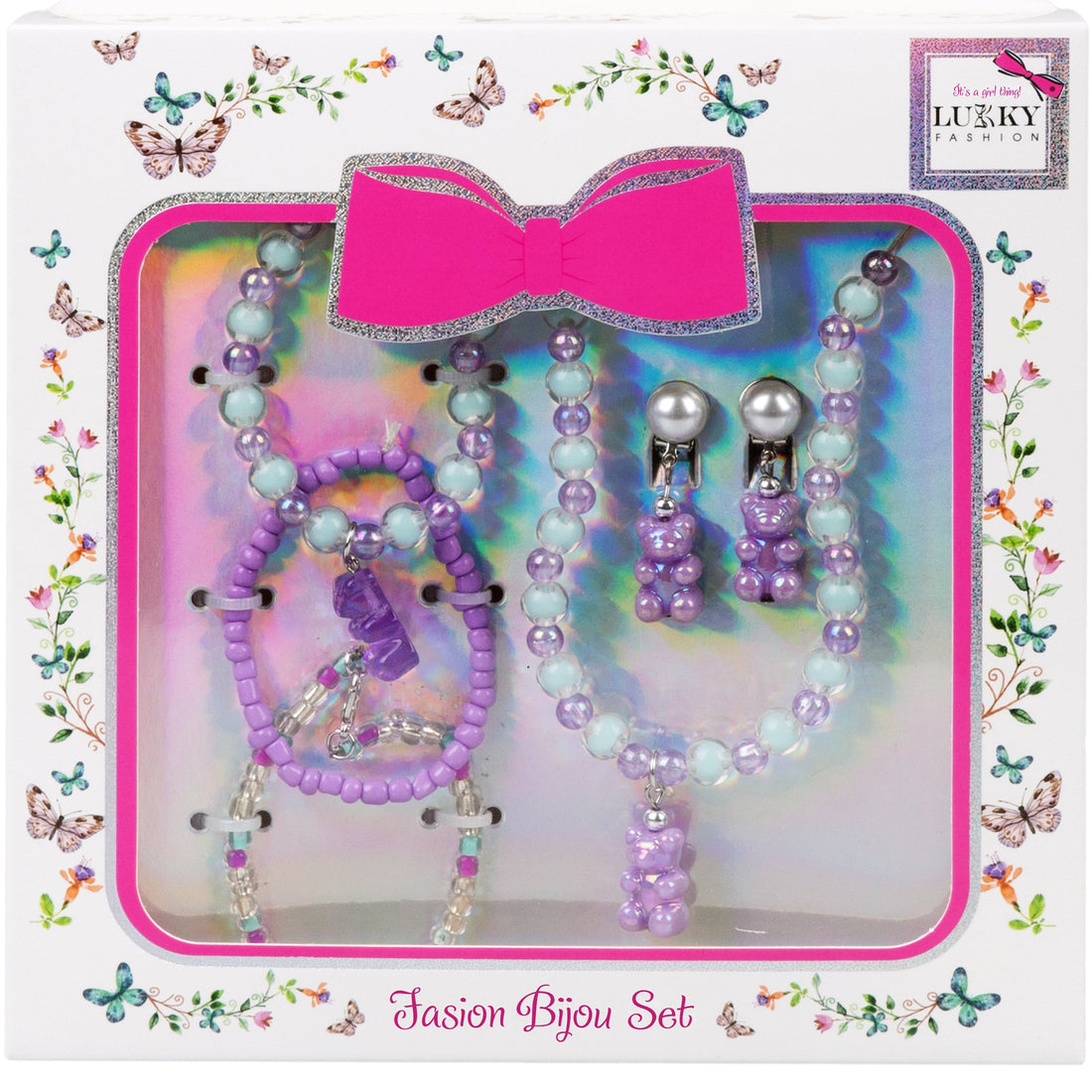 لاكي فاشن مجموعة بيجو (3 أساور/ قلادة مع قطعة تزيين/
 مشبك أذن على شكل دببة.