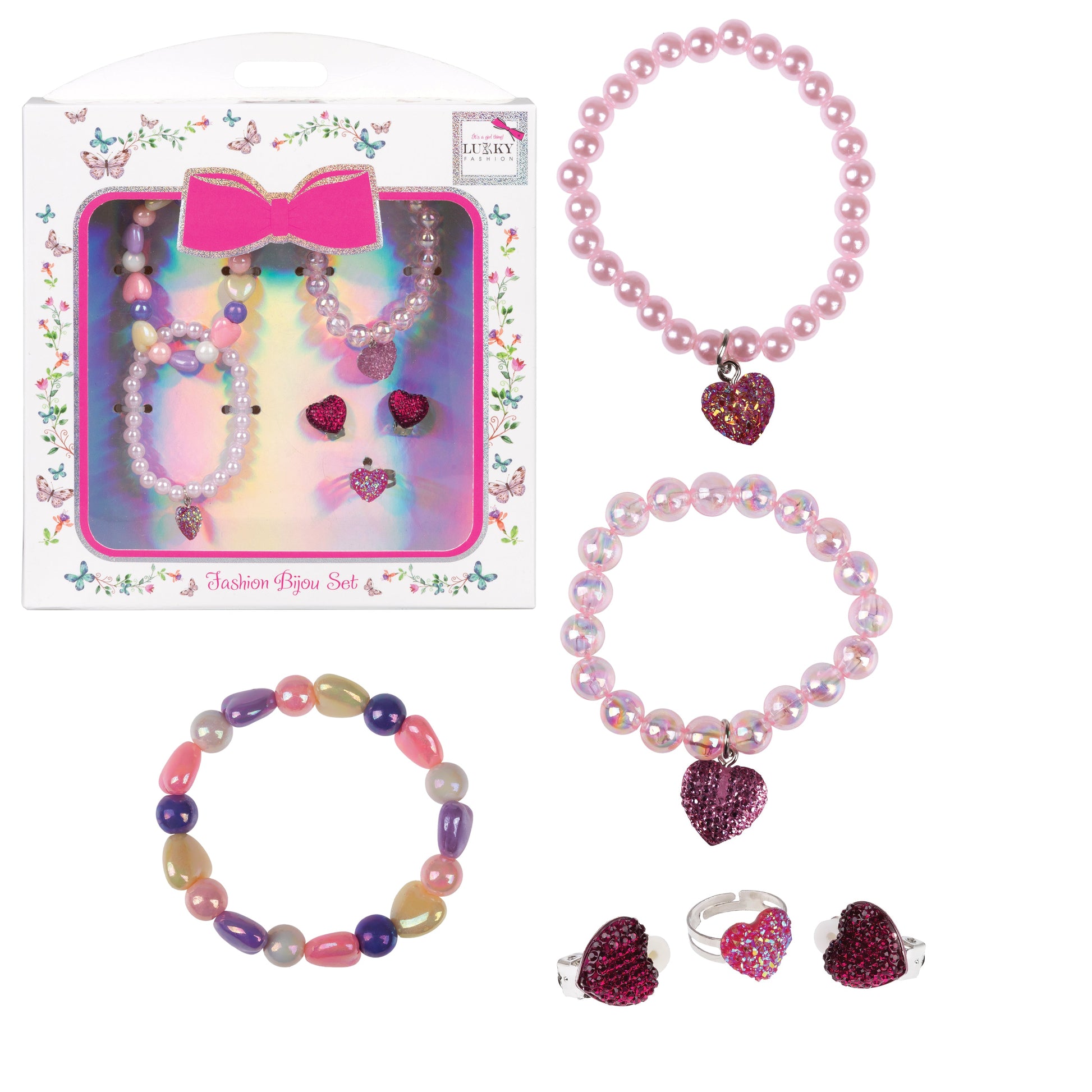 لاكي فاشن مجموعة بيجو (3 أساور/ قلائد/خاتم/ 
 مشابك لامعة على شكل قلب)