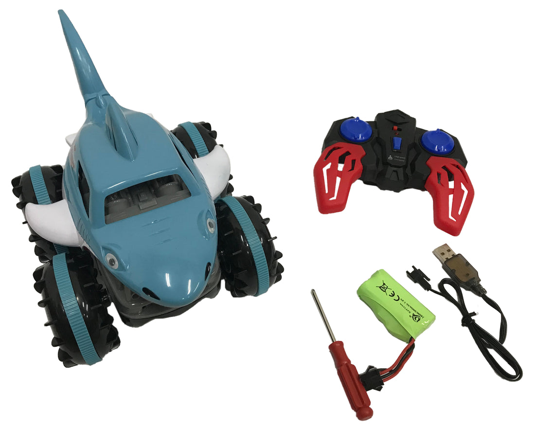 R/C FIVE WAY AMPHIBIOUS SHARK STUNT VEHICLE,7.4V LITHIUM BATTERY INCLUDED, R/C :2*AA NOT INCLUDED  LIGHT BLUE