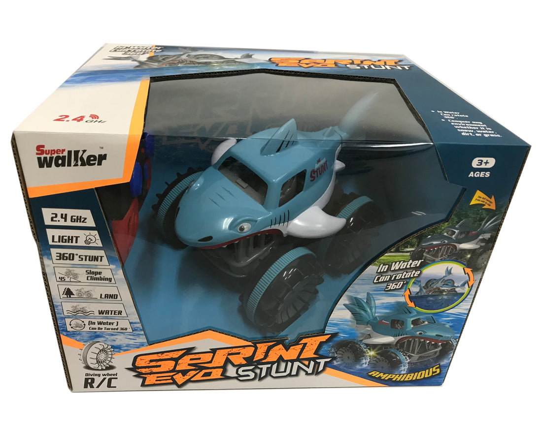 R/C FIVE WAY AMPHIBIOUS SHARK STUNT VEHICLE,7.4V LITHIUM BATTERY INCLUDED, R/C :2*AA NOT INCLUDED  LIGHT BLUE