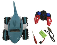 R/C FIVE WAY AMPHIBIOUS SHARK STUNT VEHICLE,7.4V LITHIUM BATTERY INCLUDED, R/C :2*AA NOT INCLUDED  LIGHT BLUE