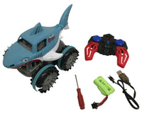 R/C FIVE WAY AMPHIBIOUS SHARK STUNT VEHICLE,7.4V LITHIUM BATTERY INCLUDED, R/C :2*AA NOT INCLUDED  LIGHT BLUE