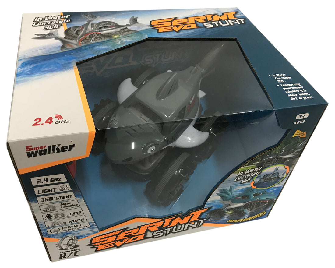 R/C FIVE WAY AMPHIBIOUS SHARK STUNT VEHICLE,7.4V LITHIUM BATTERY INCLUDED,  R/C :2*AA NOT INCLUDED GREY