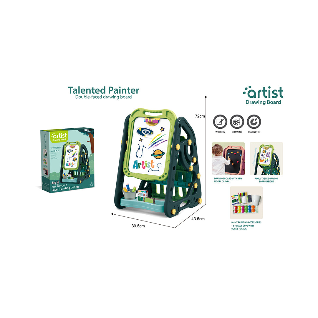 سبورة رسم مزدوجة الوجه مع رف كتب أخضر 